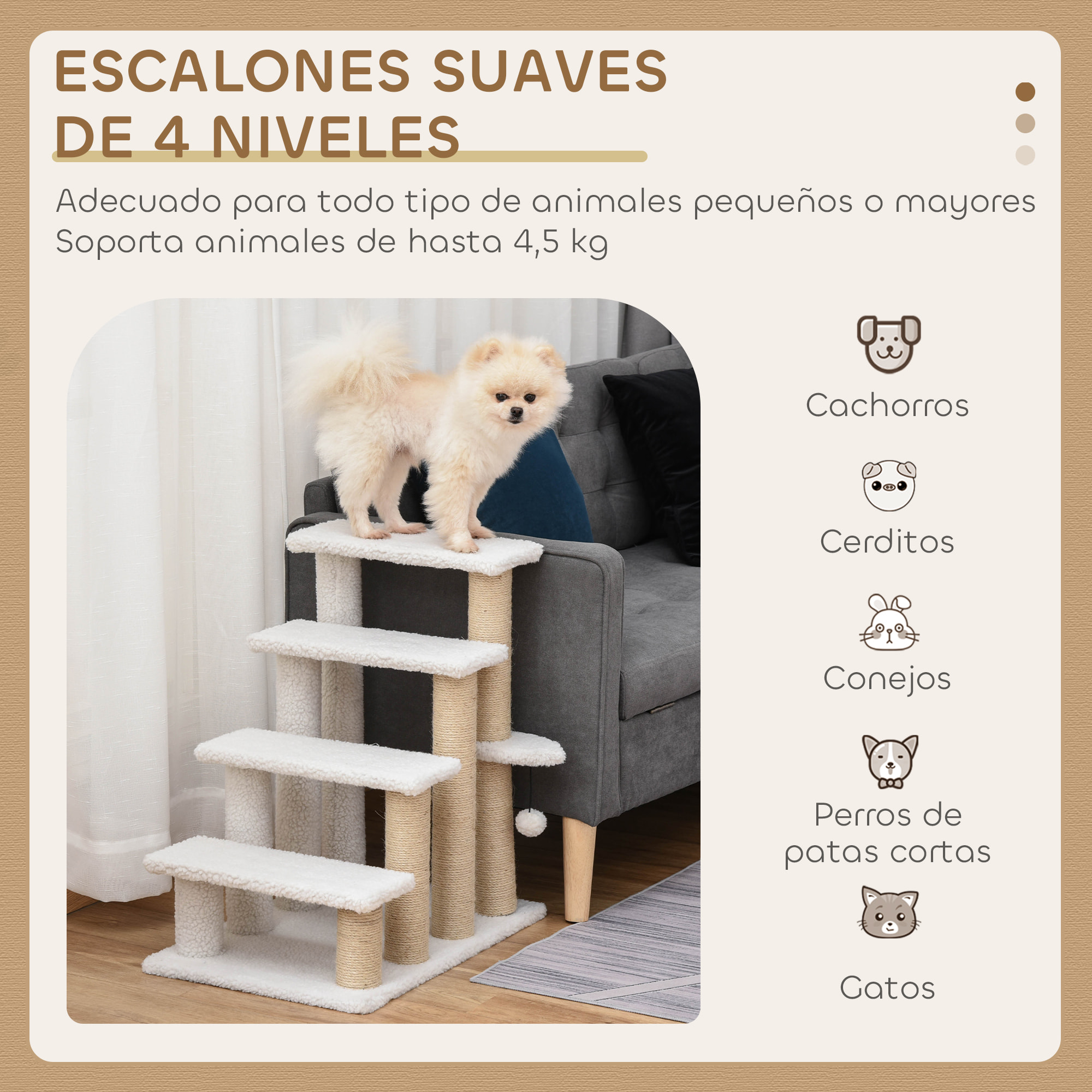 Escalera para Gatos de 4 Niveles, Escalera para Mascotas, Cubierto de Suave Felpa, Poste de Yute, Bola Colgante, Árbol Rascador para Gatos, 60x40x64 cm, Blanco