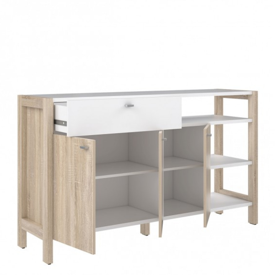 Buffet 3 portes 1 tiroir 3 étagères blanc en chêne clair - SCANDI