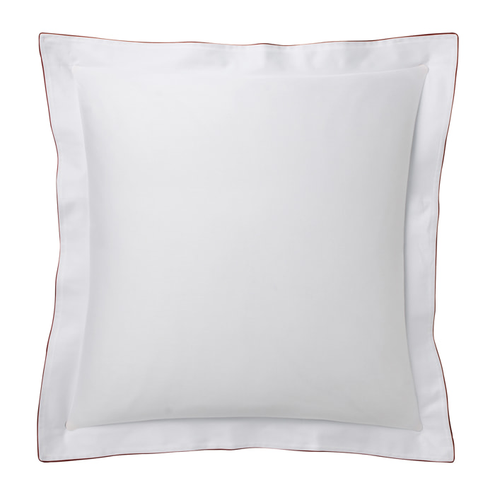 Taie d'oreiller tricolore en satin de coton avec bande appliquée, MARCEAU, Blanc Neige/Bleu Marine