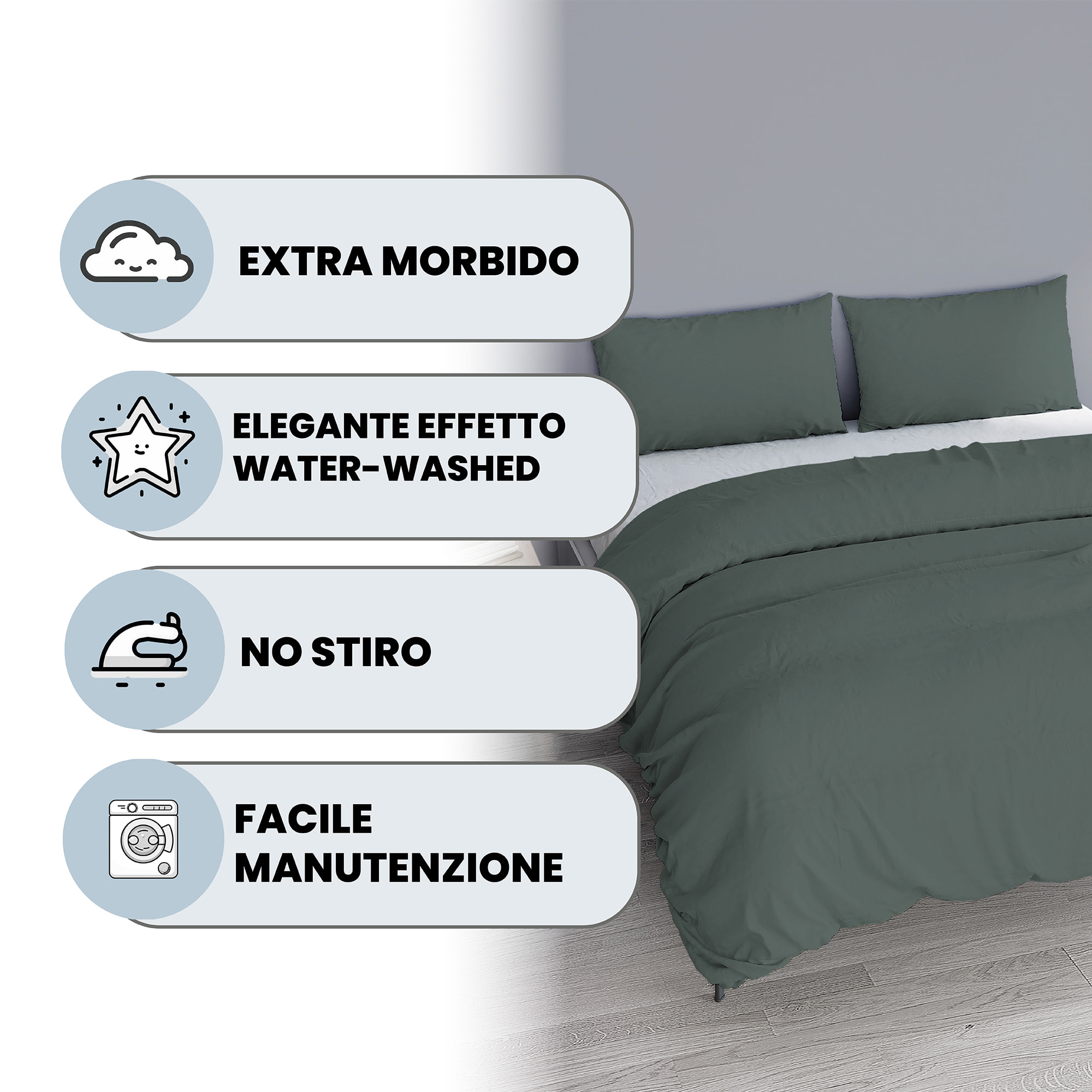 PARURE COPRIPIUMINO WATER WASHED, 100% Microfibra, No Stiro - SALVIA