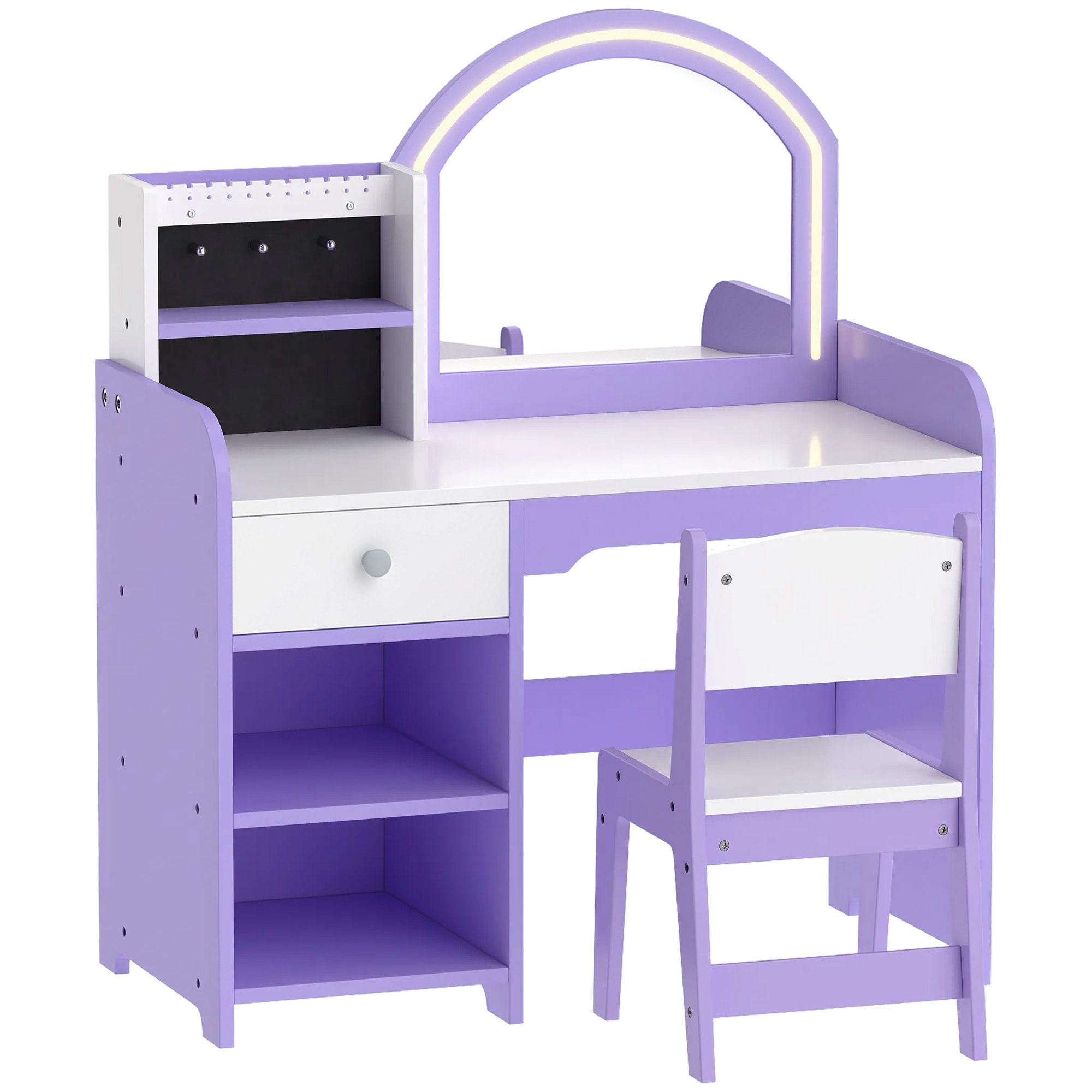 Coiffeuse enfant chaise miroir LED réglable multi-rangement violet