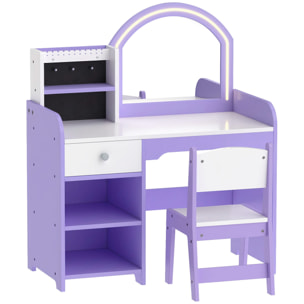 Coiffeuse enfant chaise miroir LED réglable multi-rangement violet