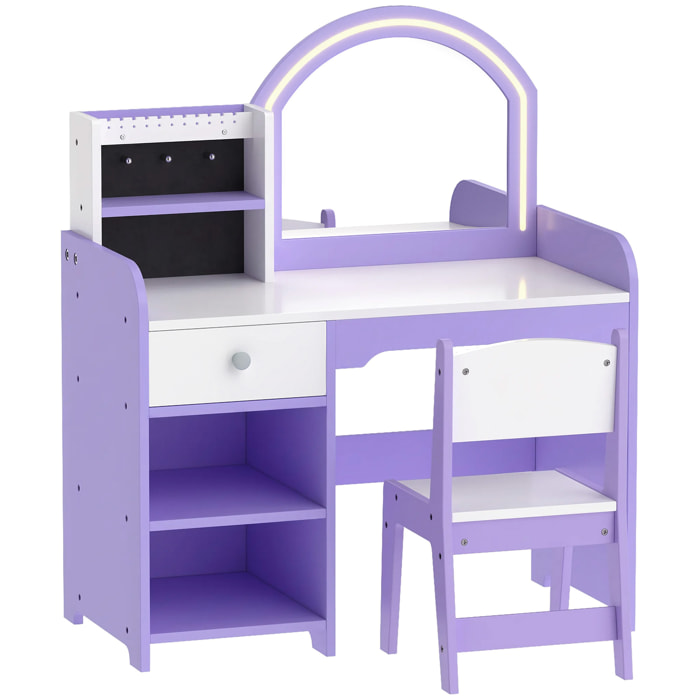 Coiffeuse enfant chaise miroir LED réglable multi-rangement violet
