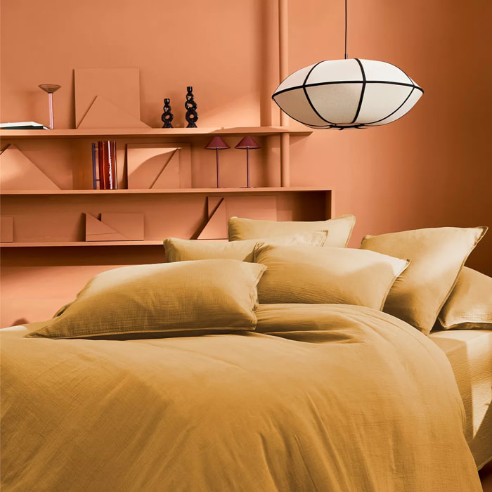 Housse de couette gaze de coton lavé uni jaune Malia curry