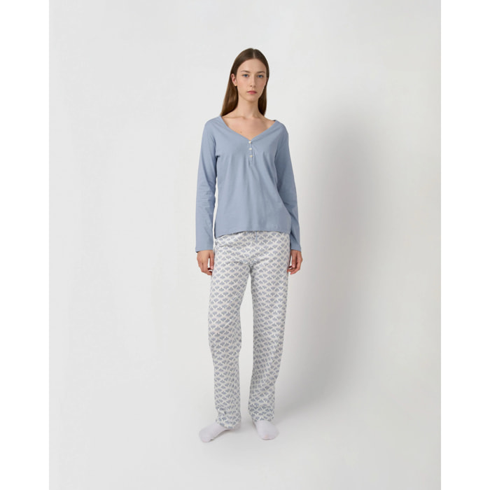 Pijama largo de algodón con escote pico arubi azul