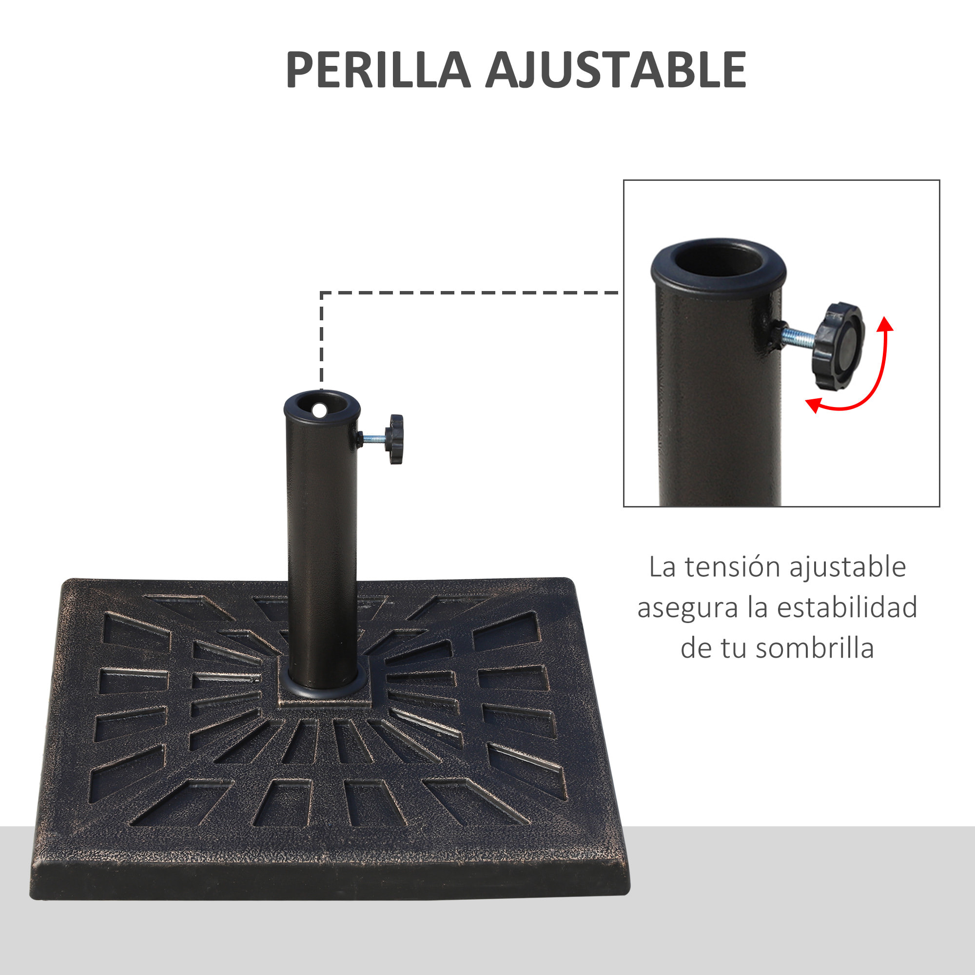 Base de Sombrilla Peso 15 kg Soporte para Parasol de Resina para Mástiles de Ø3,8 cm y Ø4,8 cm para Terraza Patio Jardín Playa 47x47x32 cm Bronce