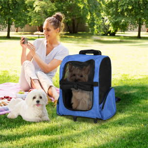2 en 1 trolley chariot sac à dos sac de transport à roulettes pour chien chat bleu