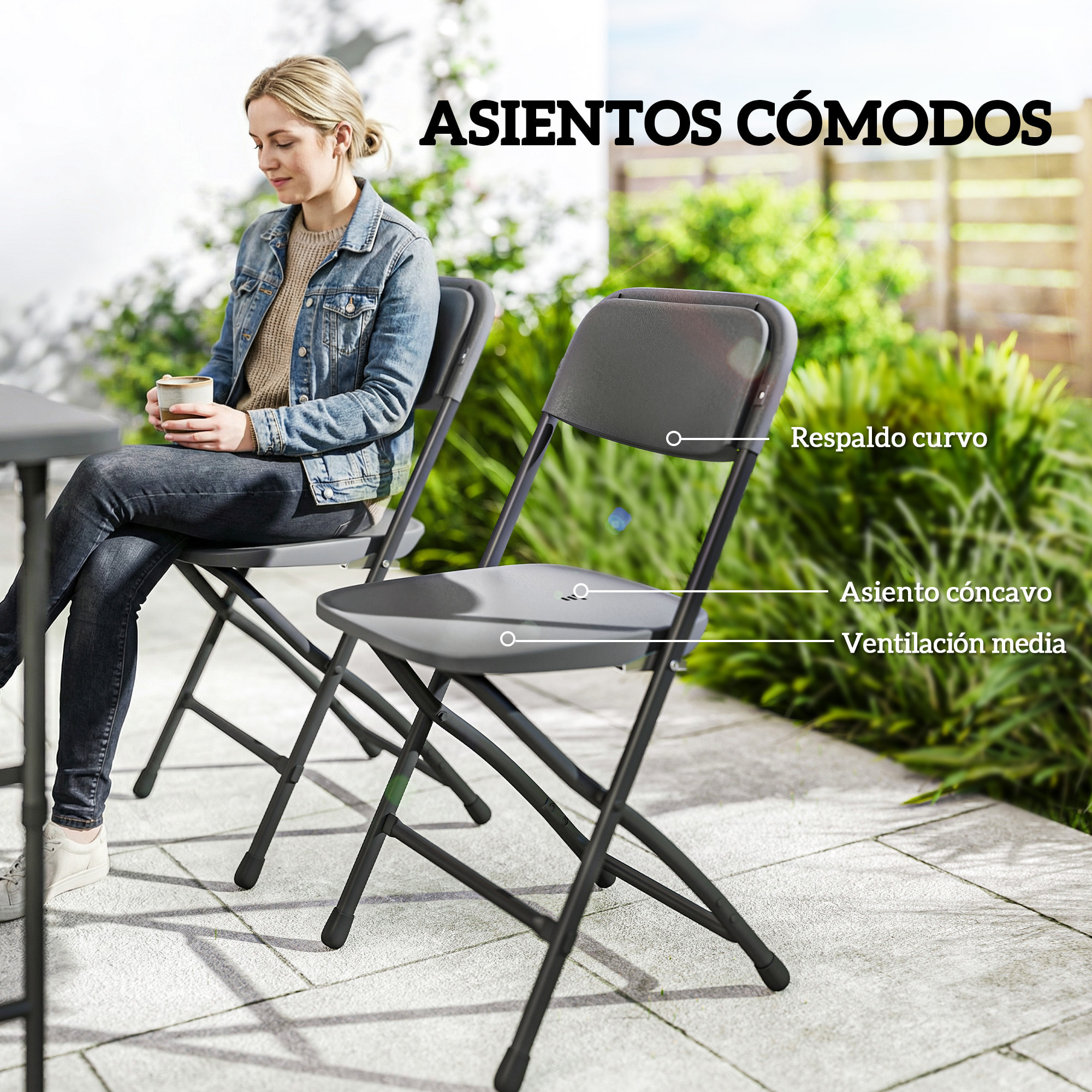 Conjunto de Mesa y Sillas Jardín de 5 Piezas, Muebles de Jardín Exterior con Mesa Plegable Ajustable de 55 a 74 cm, 4 Sillas Plegables y Encimera de HDPE, para Terraza Patio, Gris Oscuro