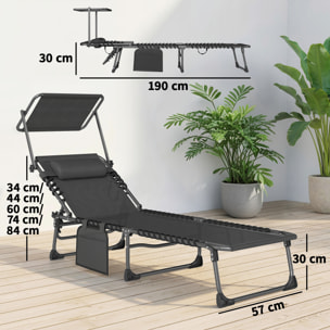 Set de 2 Tumbonas Jardín Exterior, Tumbonas Plegables con Reposacabezas, Parasol y Bolsillo Lateral, Respaldo Reclinable 5 Posiciones y Asiento Malla Transpirable para Playa, Piscina, Negro