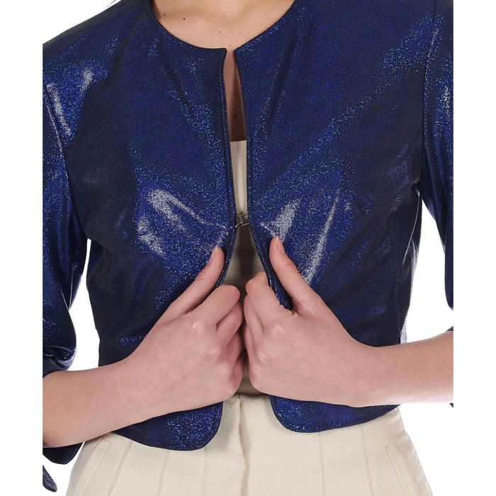 Giacca corta bolero in pelle laminata blu girocollo