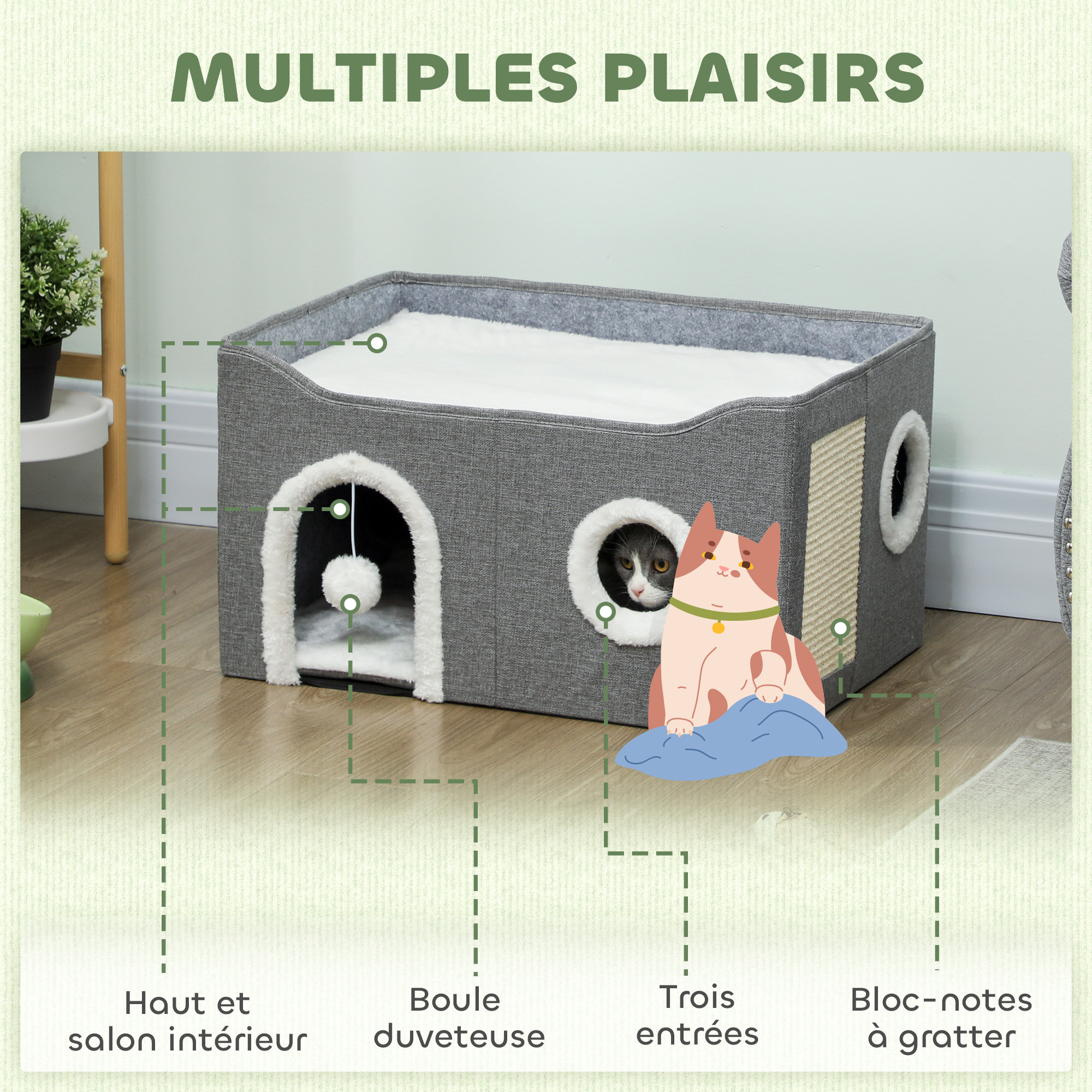 Panier niche grattoir chat 3 en 1 pliable gris
