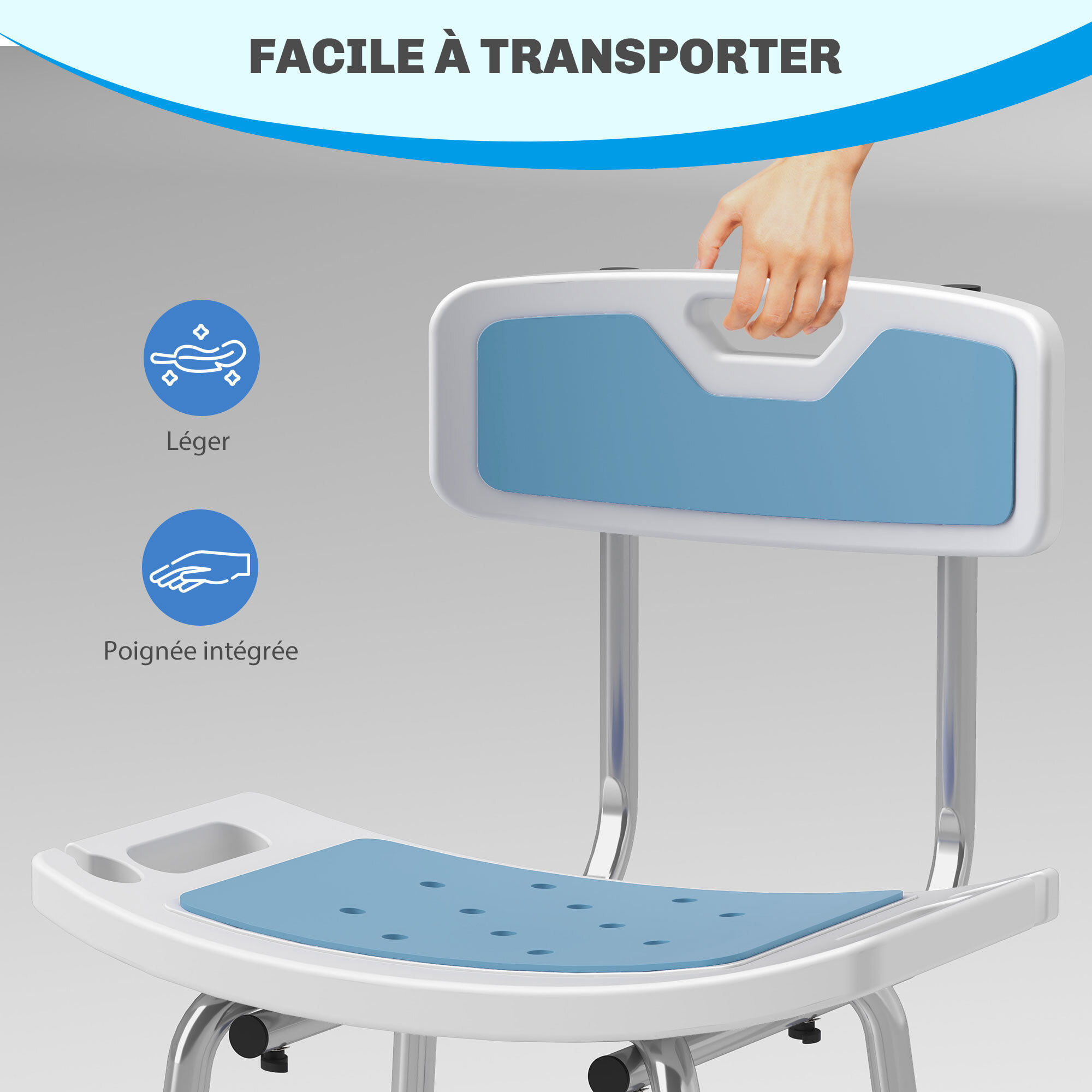 Chaise de douche siège de douche ergonomique hauteur réglable pieds antidérapants charge max. 136 Kg alu HDPE bleu
