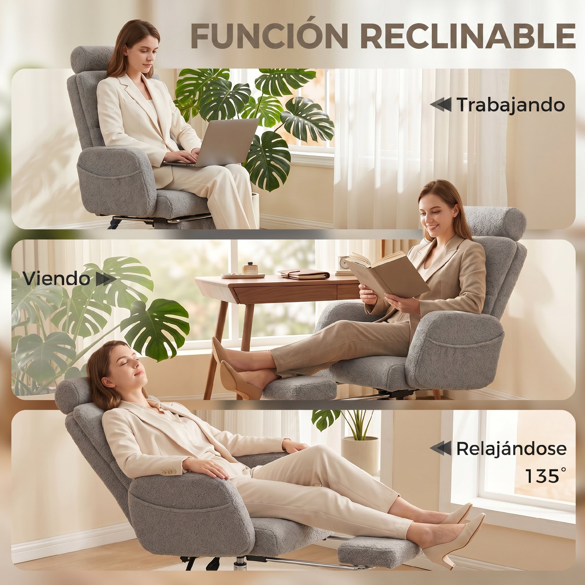 Silla de Escritorio con Reposapiés Tapizada en Borreguito Silla de Oficina con Respaldo Reclinable Reposacabezas Ajustable Respaldo Alto Altura Ajustable Gris Claro