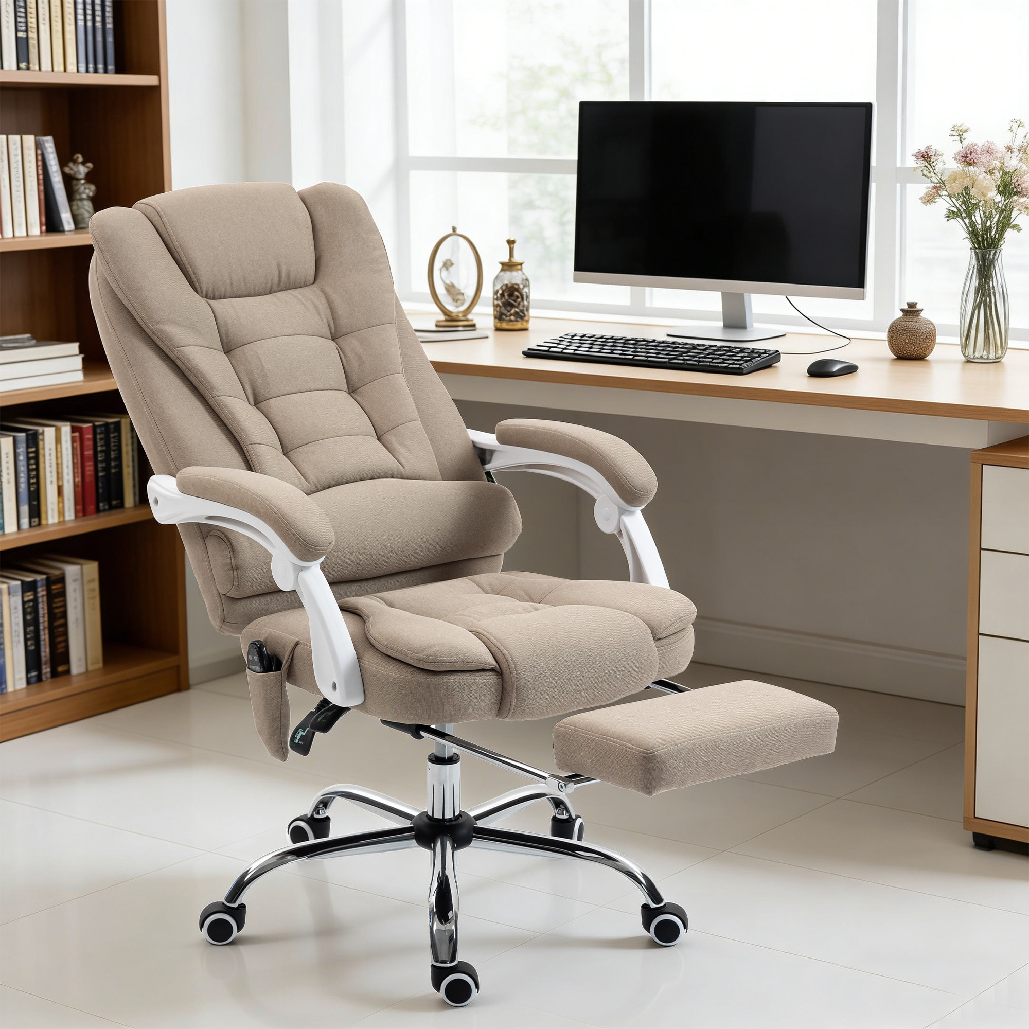 Fauteuil de bureau direction massant chauffant hauteur réglable dossier inclinable tissu beige