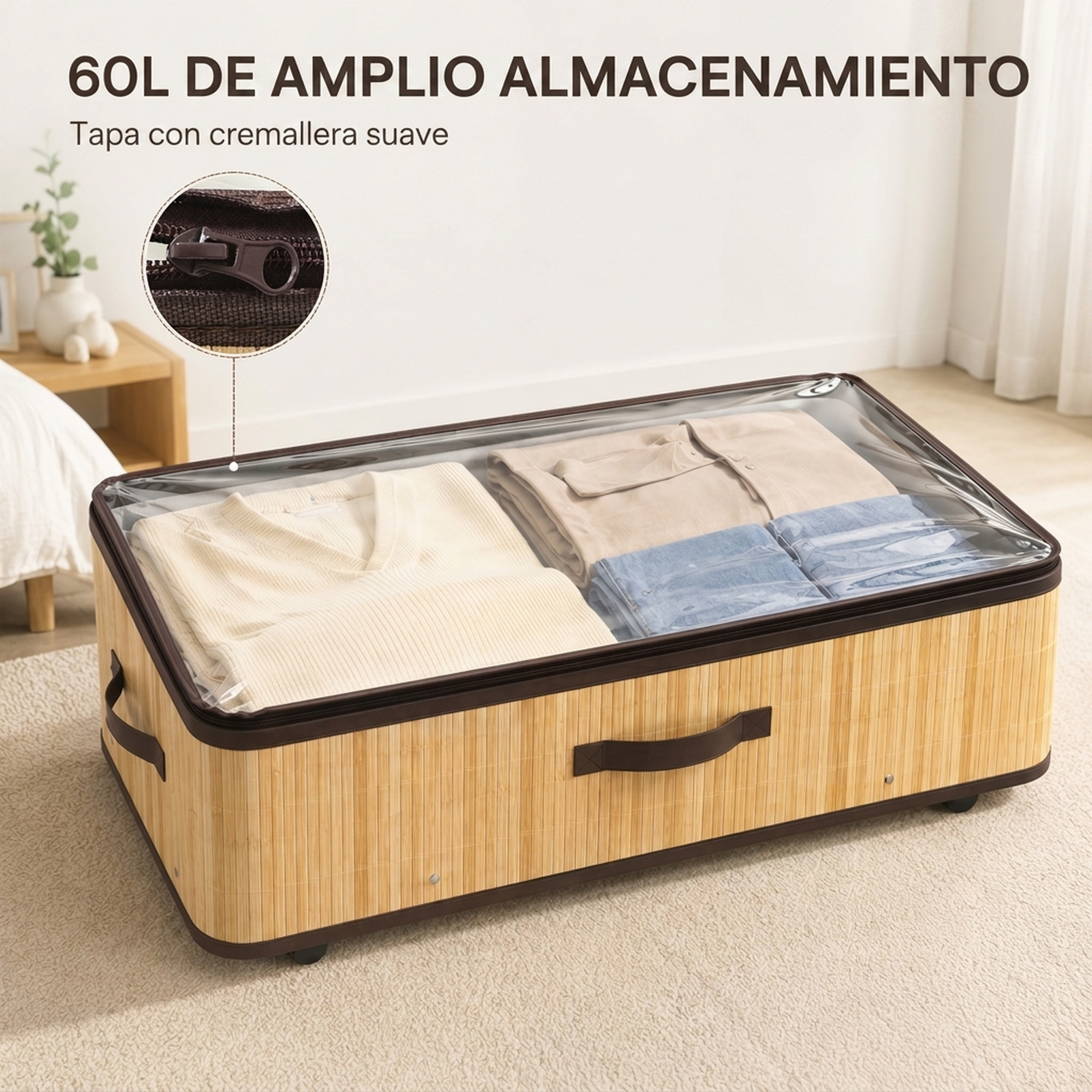 Juego de 2 Cajas de Almacenaje Bajo Cama con Ruedas, 60L, Organizador Zapatos Debajo Cama de Bambú con Tapa Transparente y Asa, Marco Metálico, para Zapatos, Mantas, Juguetes, Natural