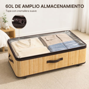 Juego de 2 Cajas de Almacenaje Bajo Cama con Ruedas, 60L, Organizador Zapatos Debajo Cama de Bambú con Tapa Transparente y Asa, Marco Metálico, para Zapatos, Mantas, Juguetes, Natural
