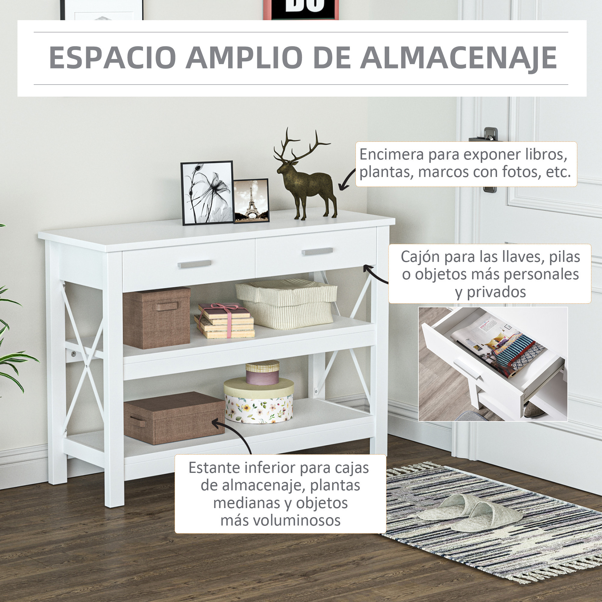 Mesa Consola para Recibidor Entrada con Cajones y Estantes 105x40x76 cm Blanco