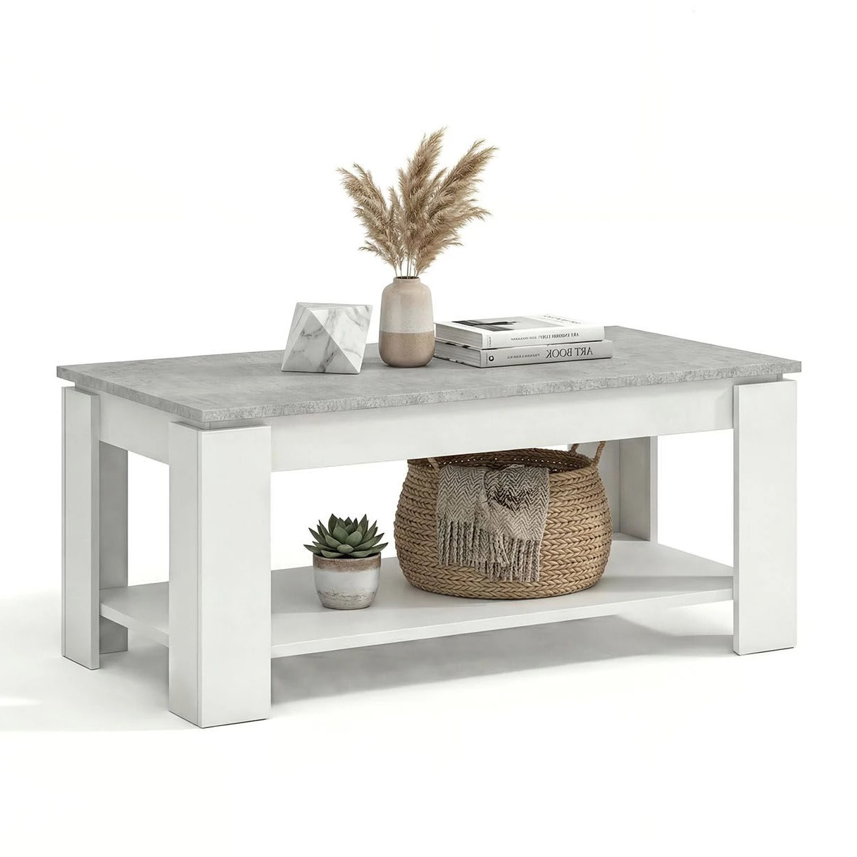 Mesa de centro elevable con almacenaje en blanco mate y gris cemento 102x43-54 cm Lya Blanco Artik (Blanco Mate) - Gris Cemento