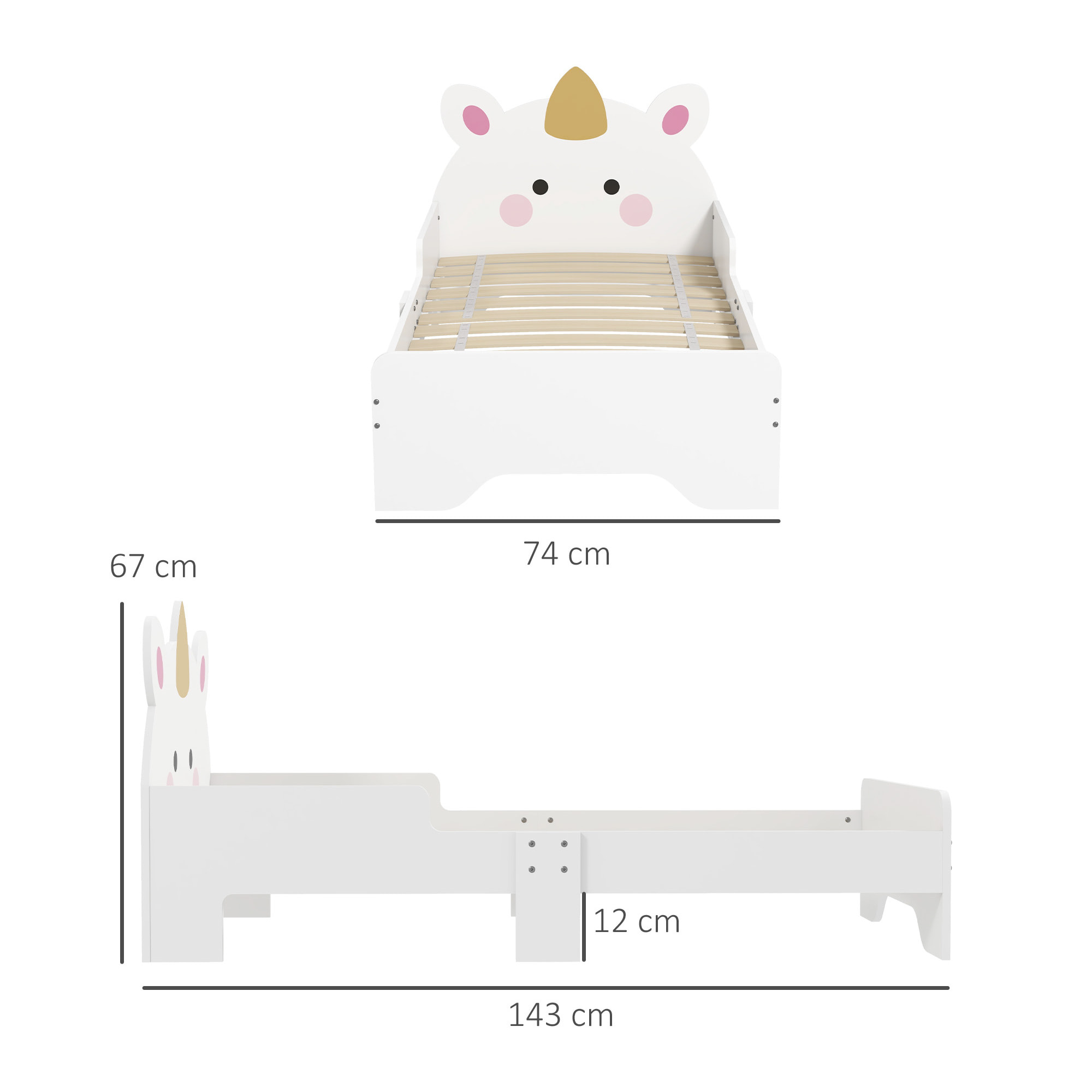 Cama para Niños de 3-6 Años 143x74x67 cm Cama Infantil de Madera en Forma de Unicornio Mueble de Dormitorio Moderno Carga 80 kg Blanco