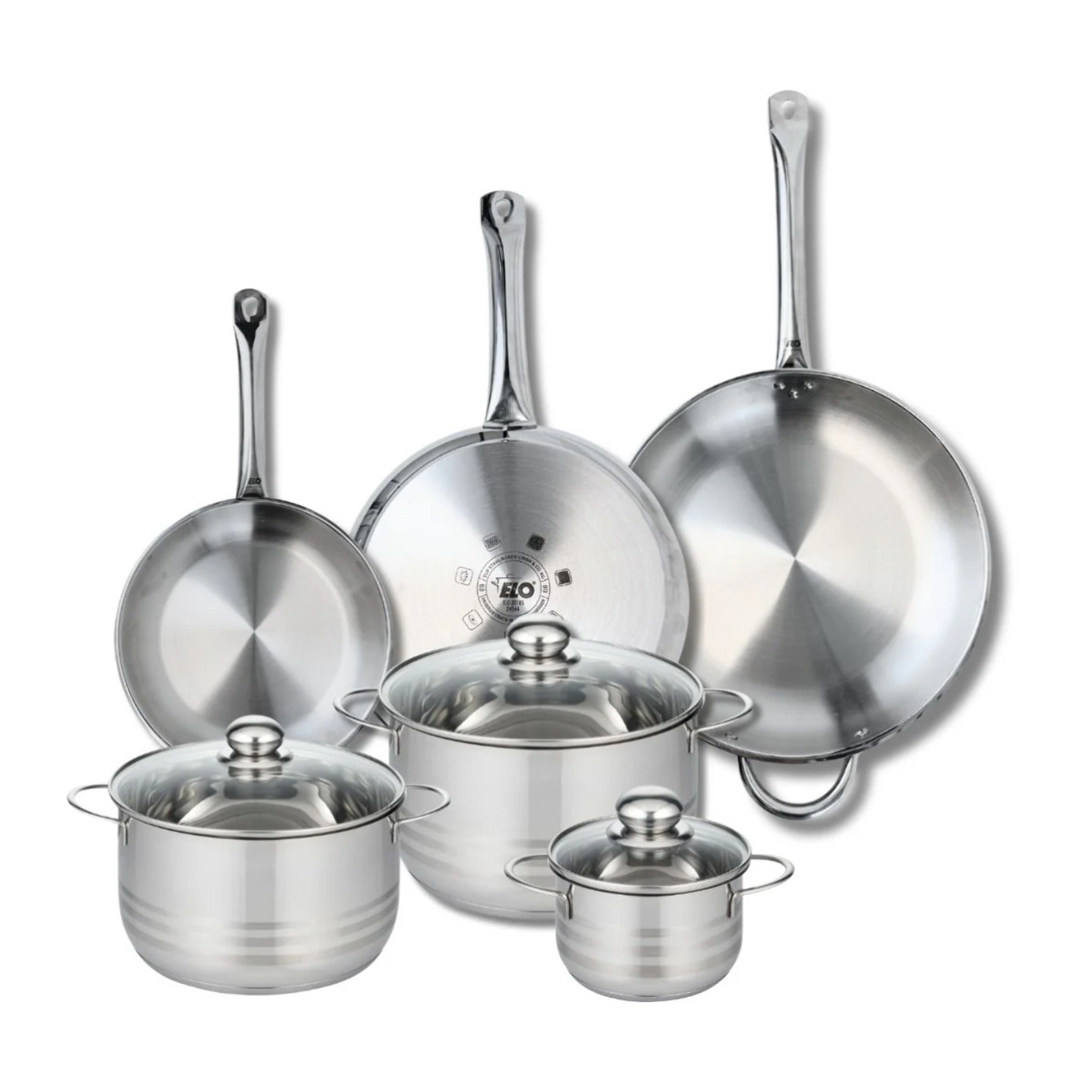 Ensemble de 3 Poêles de cuisson 24, 28 et 32 cm et 3 faitouts 14, 20 et 24 cm Elo Profi Brillant