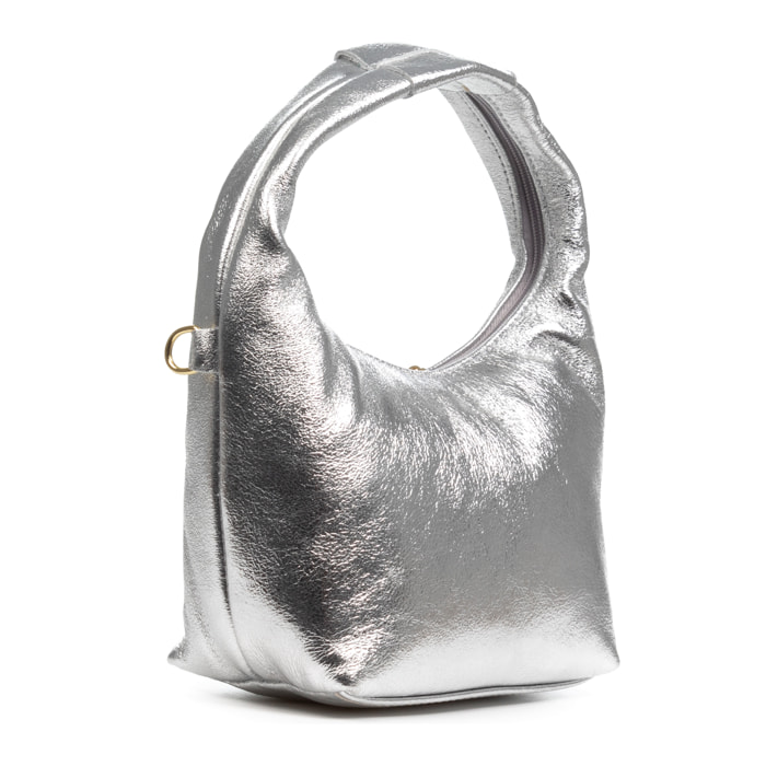 FIRENZE ARTEGIANI Arconate bolso de mano mujer. Piel auténtica acabado Gamuza lacada. Fabricado en Italia 21x11x14 Cm. Color: Plata