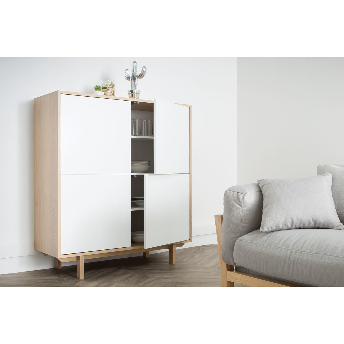 Buffet haut scandinave bois et blanc  4 portes L110 cm SID