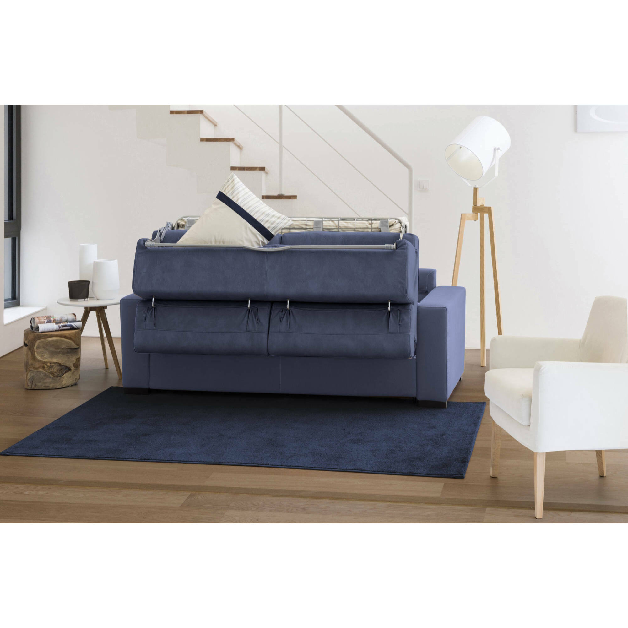 Divano letto con penisola Allaida, Sofà con penisola contenitore Sinistra, Braccioli standard, 100% Made in Italy, Cm 280x95h90, Blu