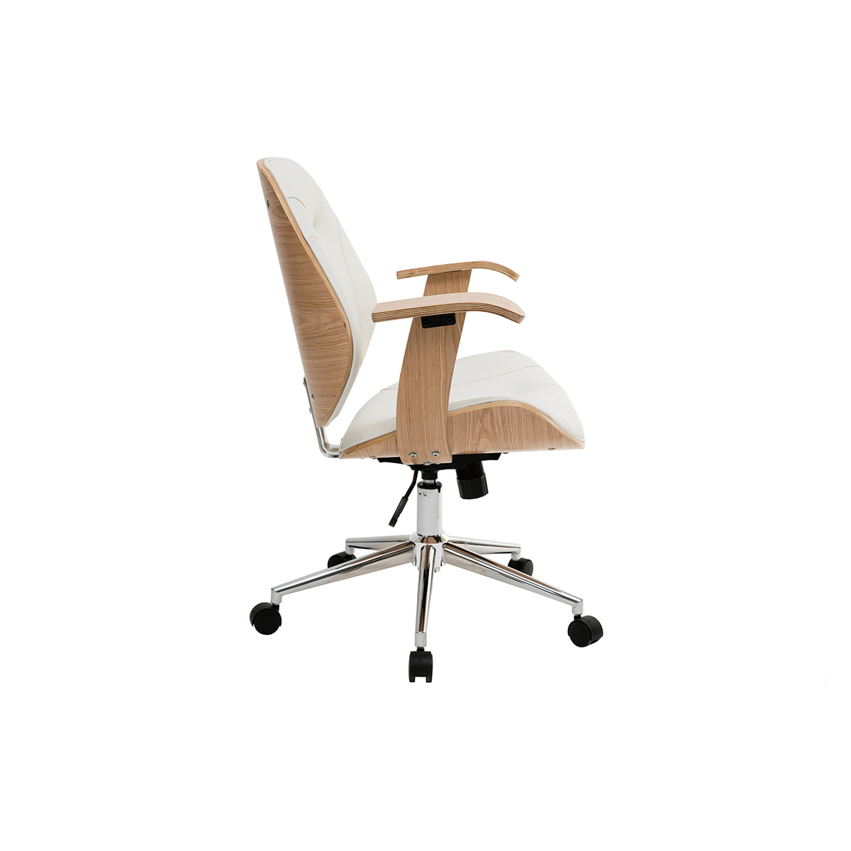 Chaise de bureau à roulettes design blanc, bois clair et acier chromé YORKE