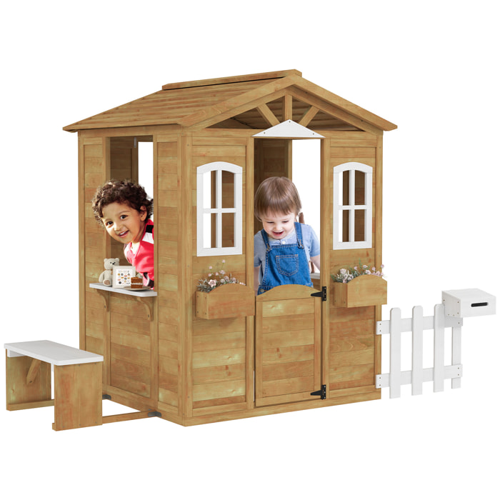 Casita Infantil Exterior de Madera Casita Infantil de Jardín con Buzón Ventanas Jardinera Mostrador y Banco Casa de Juegos para Niños a Partir de 3 Años Natural
