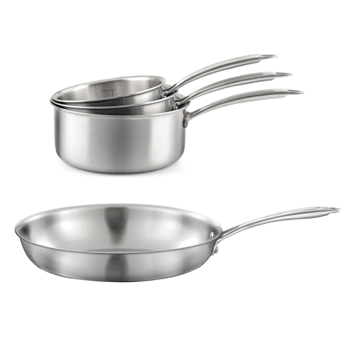 Gourmet - Lot de 3 casseroles inox 16/18/20 cm et 1 poêle inox 32 cm