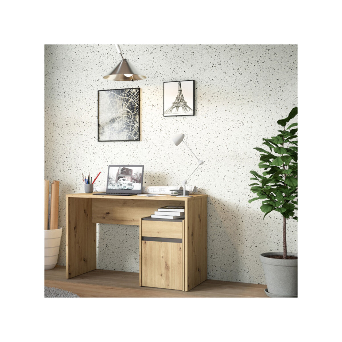 Bureau avec caisson amovible effet bois et gris foncé - L110 CM - KIARA