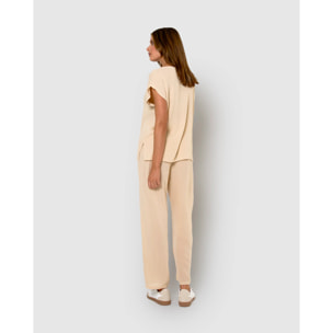 Pantalón largo mujer bambula detalles plisados beige