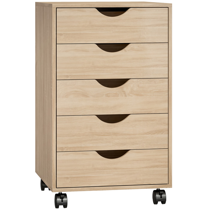 Caisson bureau 5 tiroirs mobile dim. 40x40x67cm effet bois clair