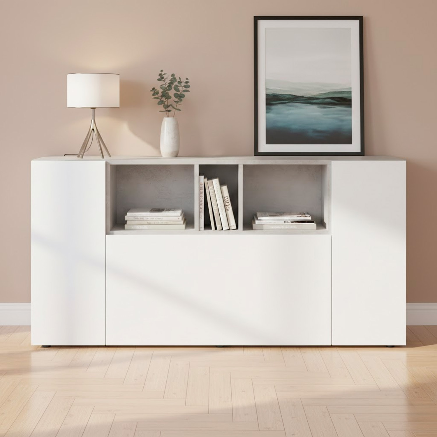 Credenza Moderna Madia A 3 Ante Con Vani a Giorno Mobile Contenitore Salvaspazio Da Terra Ripiani Regolabili 150 x 41 x 76 Cm Bianco e Grigio Cemento