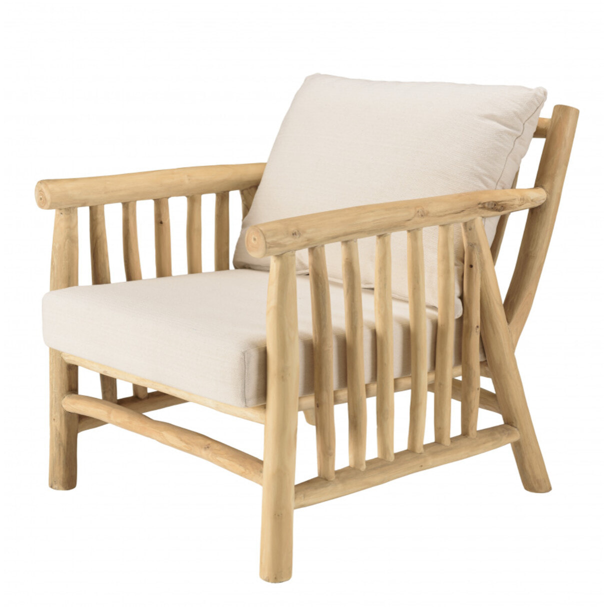 WILL - Fauteuil BORNEO en branches de teck naturel coussins blancs