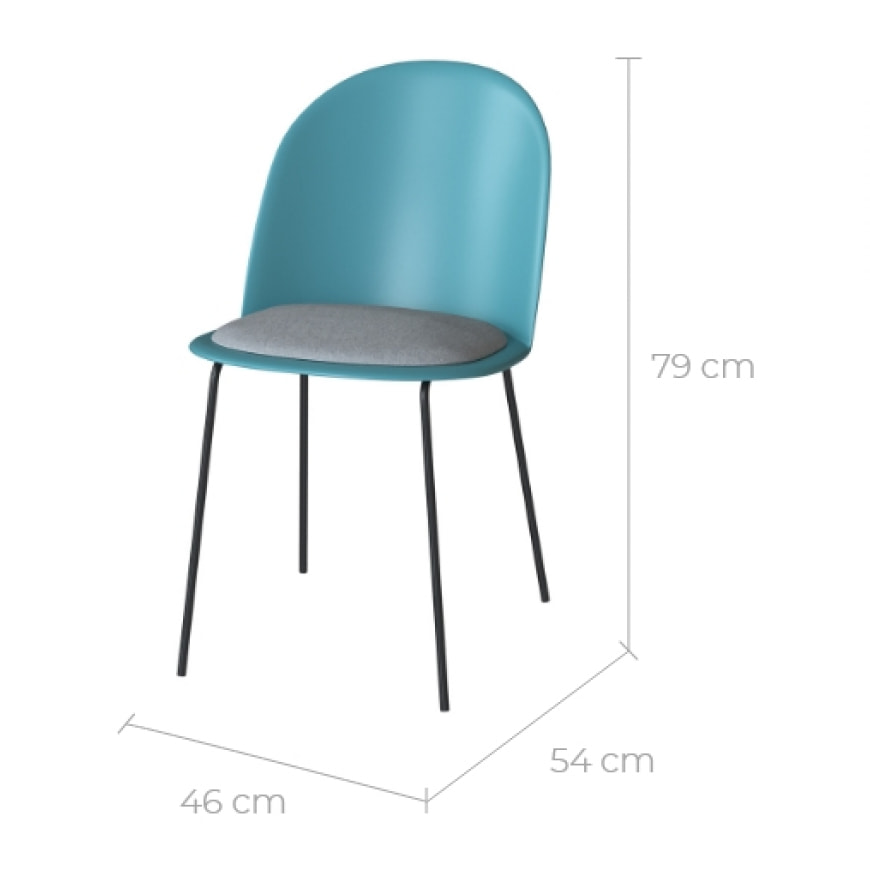 Lot de 2 chaises bleues en plastique, tissu gris et pieds en métal - Lulu