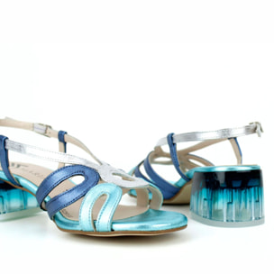 Sandalia tiras en tonos azules. Tacón 4 cm