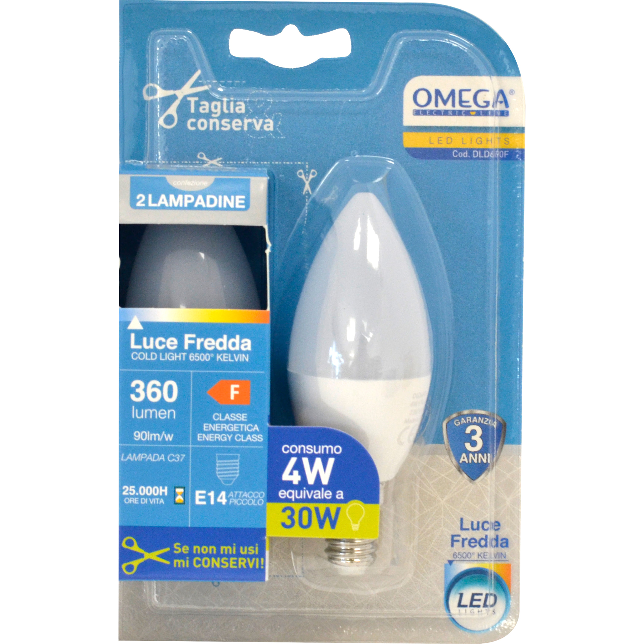 OMEGA Set 6 pezzi candela led c37 4w 6500k e14