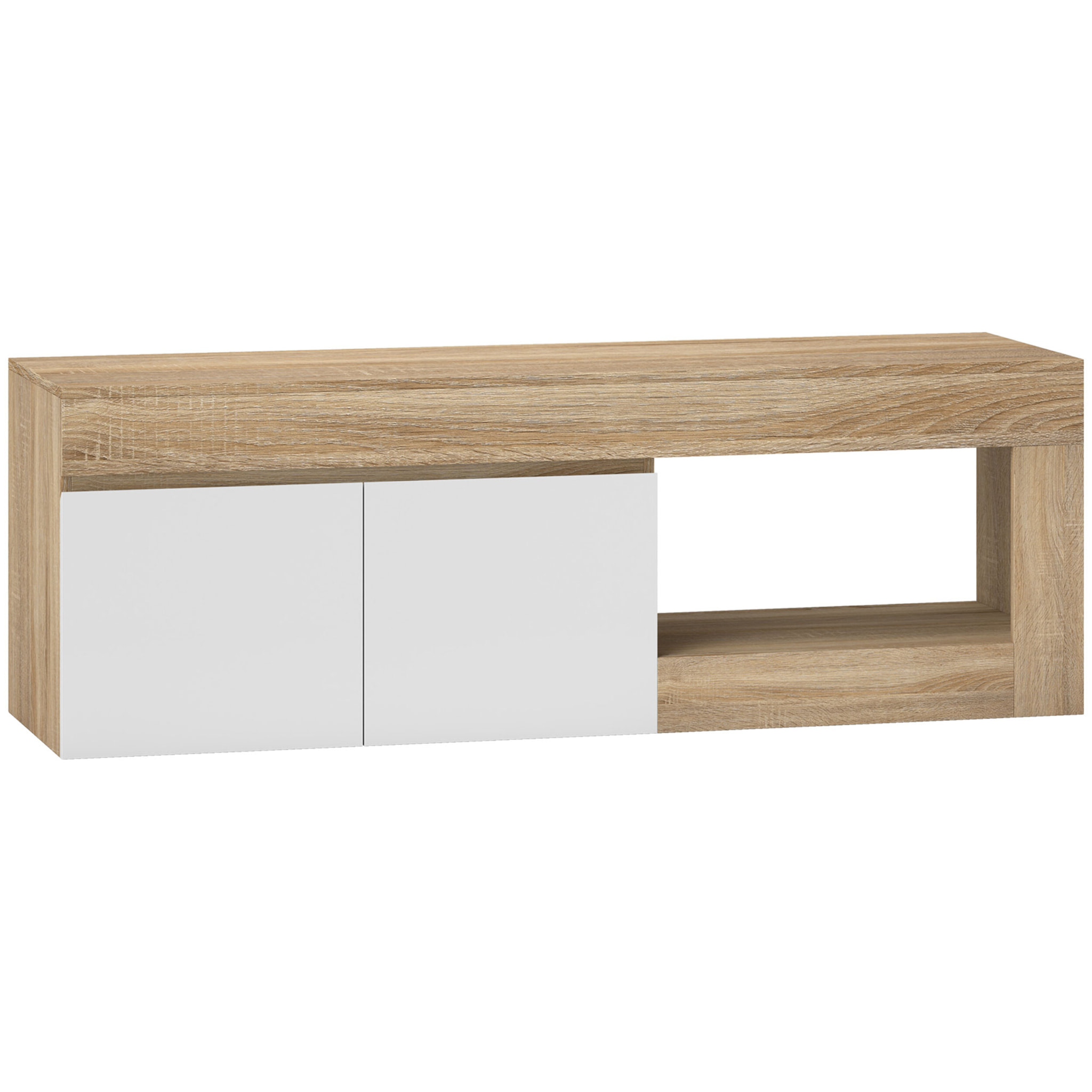 Meuble TV style moderne bicolore 2 portes grande niche dim. 140 x 40 x 48 cm blanc effet bois naturel