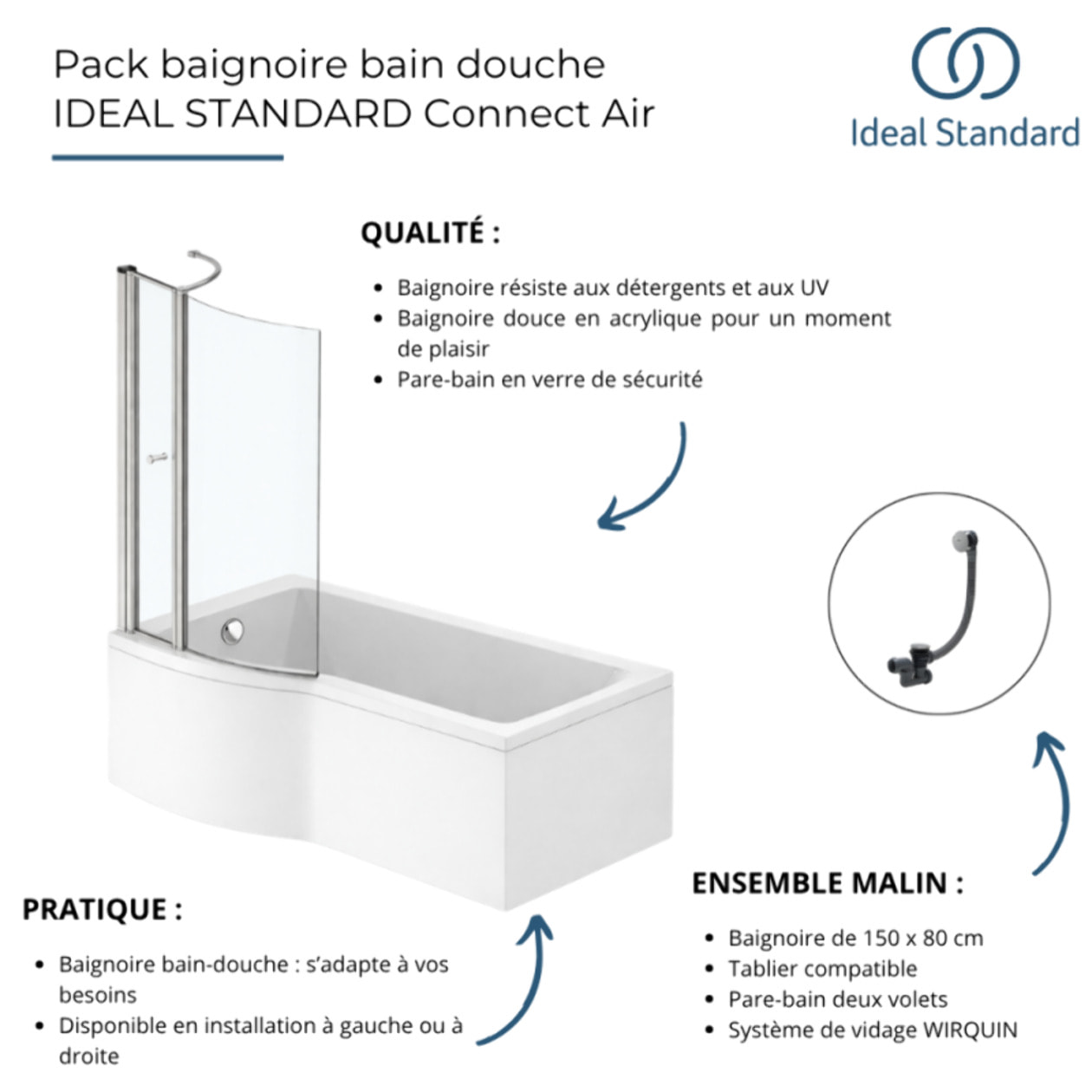 Pack baignoire bain douche 150 x 80 cm gauche Connect Air + tablier + pare bain avec volet + vidage Doré