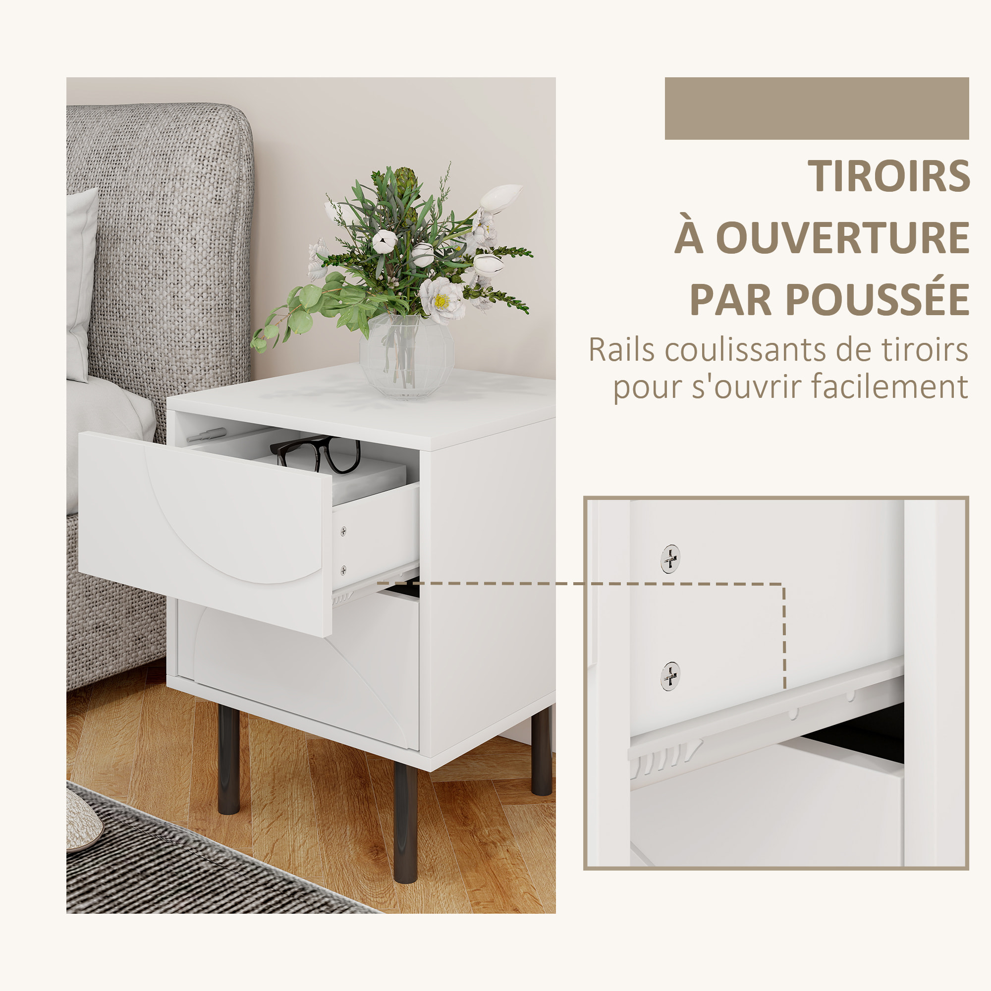 Table de chevet, table d'appoint avec 2 tiroirs, pieds en acier, 40 x 40 x 50 cm, blanc