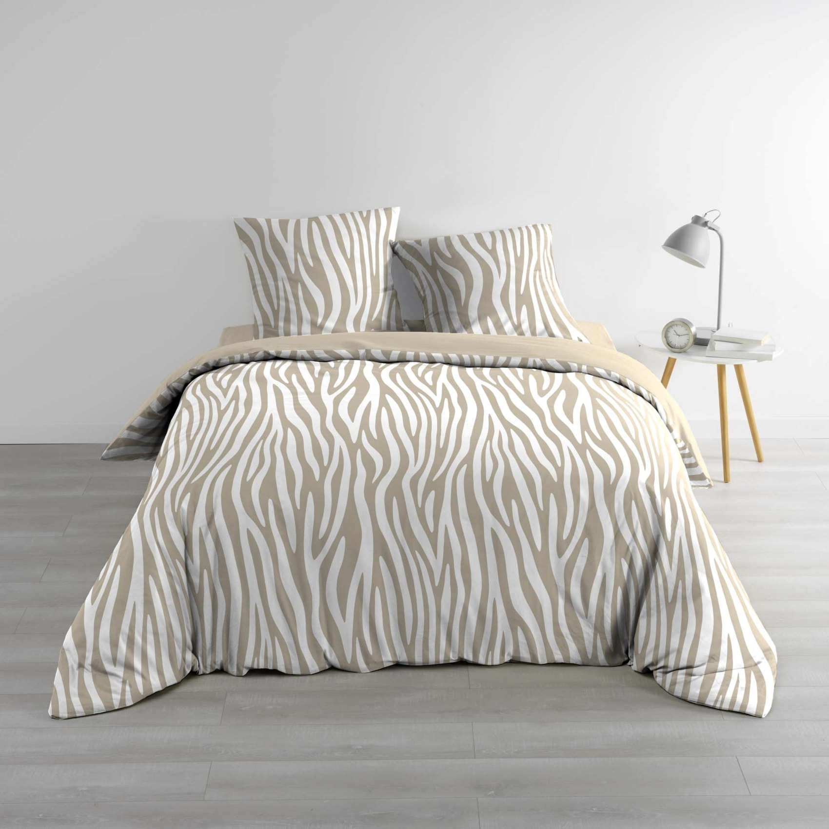 Parure de lit 3 pièces 100 % coton imprimé zèbre housse + taies - Naturel
