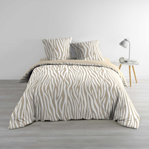 Parure de lit 3 pièces 100 % coton imprimé zèbre housse + taies - Naturel