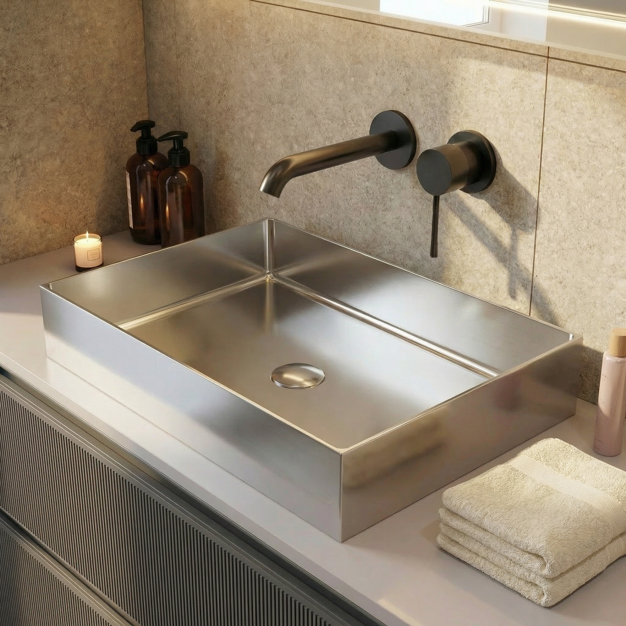 Timeless Vasque à poser en Acier inoxydable 304, 55x38x11cm sans trop-plein + Bonde, Chrome brossé