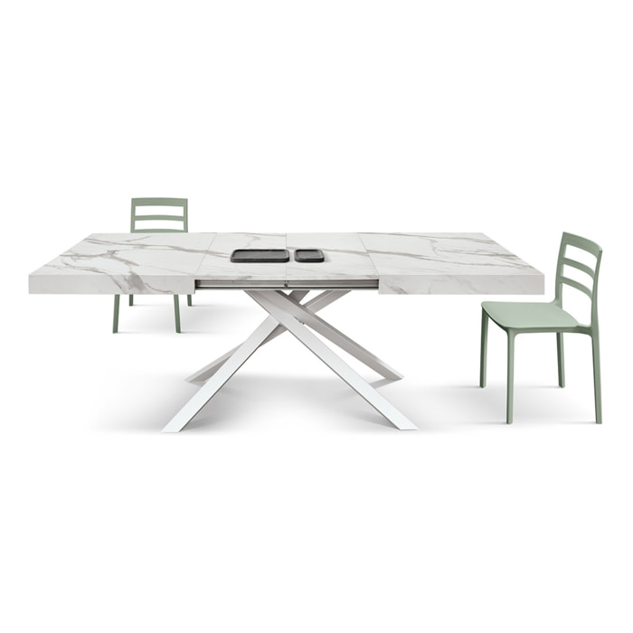 Tavolo FORTE DEI MARMI in legno, finitura bianco statuario e base in metallo bianco, allungabile 160x90 cm - 240x90 cm