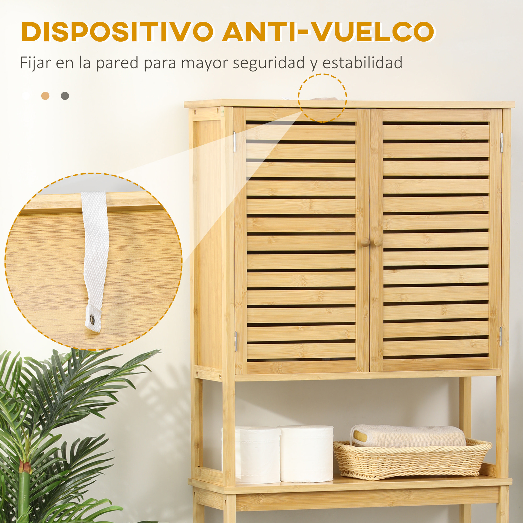 kleankin Mueble de Bambú sobre Inodoro Armario Alto para Lavadora con 2 Puertas 1 Balda Interior y 1 Estante de Almacenaje para Baño 60x23x173 cm Natural