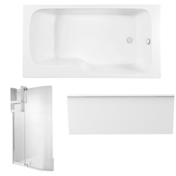 Pack baignoire bain douche 160 x 85 Malice version gauche blanc mat + tablier en niche + pare bain + étagère