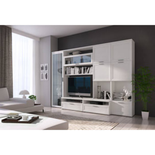 Parete da soggiorno con base porta TV e pensili con ante e vani aperti, cm 300 x 50 x 215, colore Bianco frassinato