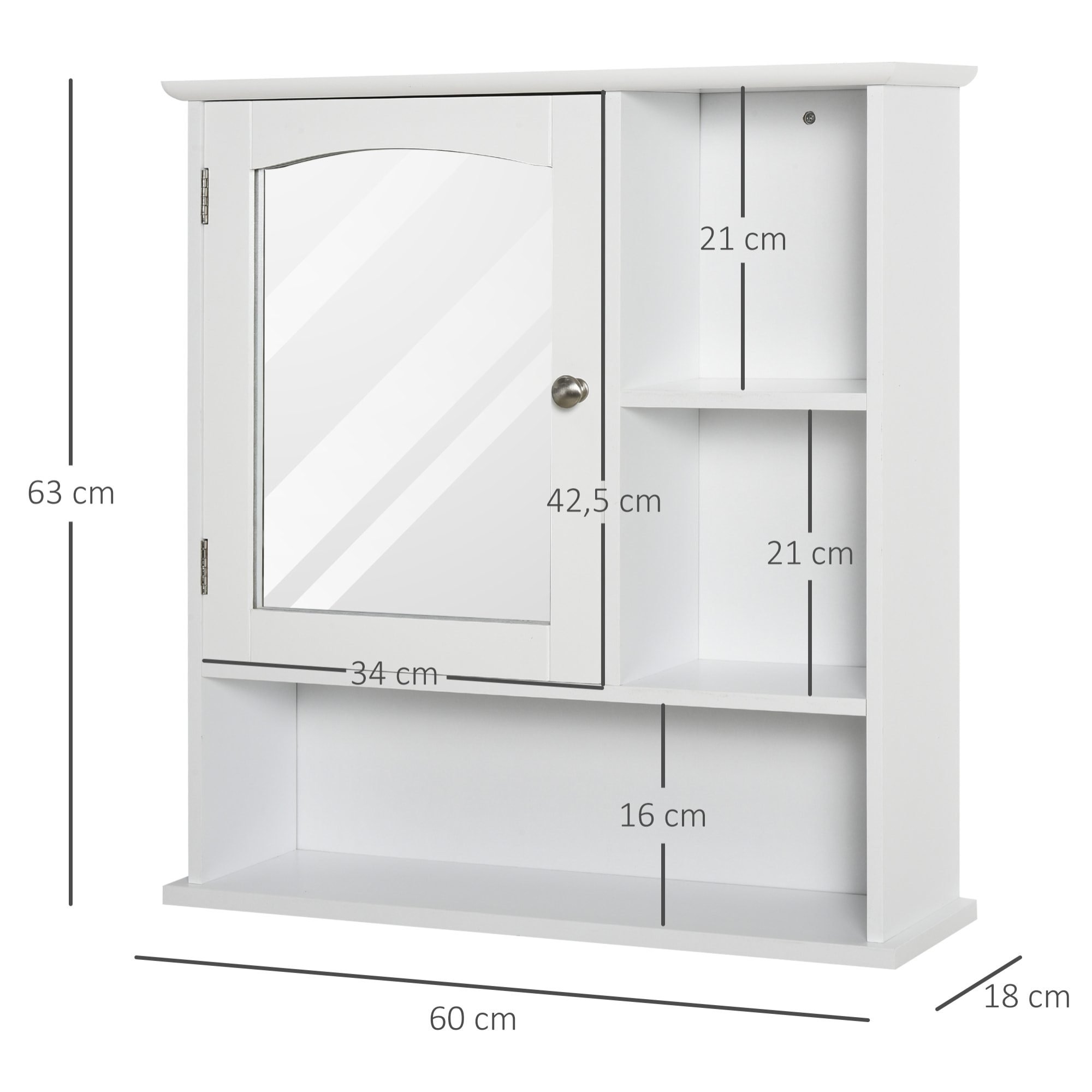 Armoire murale salle de bain armoire à glace placard de rangement toilettes 1 porte niche + étagères latérales MDF blanc