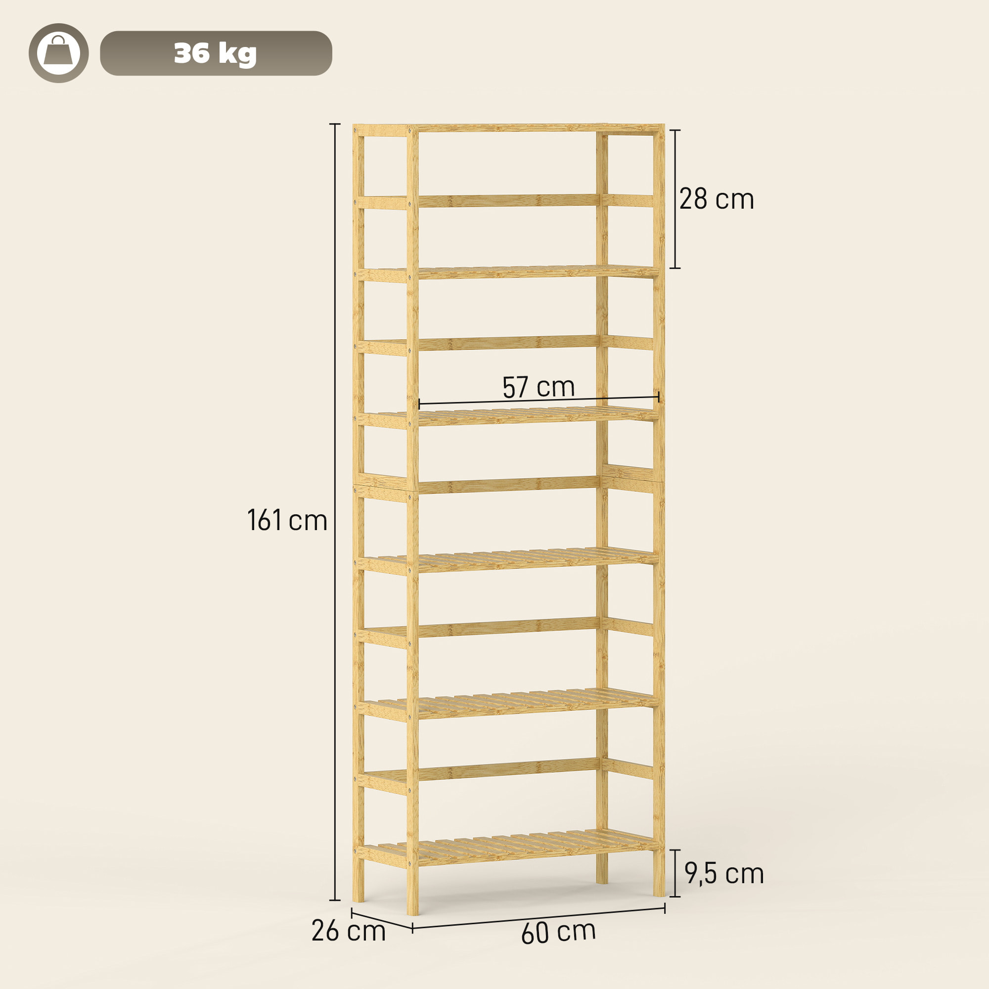 Estantería de Bambú de 6 Niveles, Estantería Almacenaje, Estantes Ajustables, Librería Estrecha para Espacios Pequeños, Baño, Sala de Estar y Cocina, 60x26x161 cm, Natural